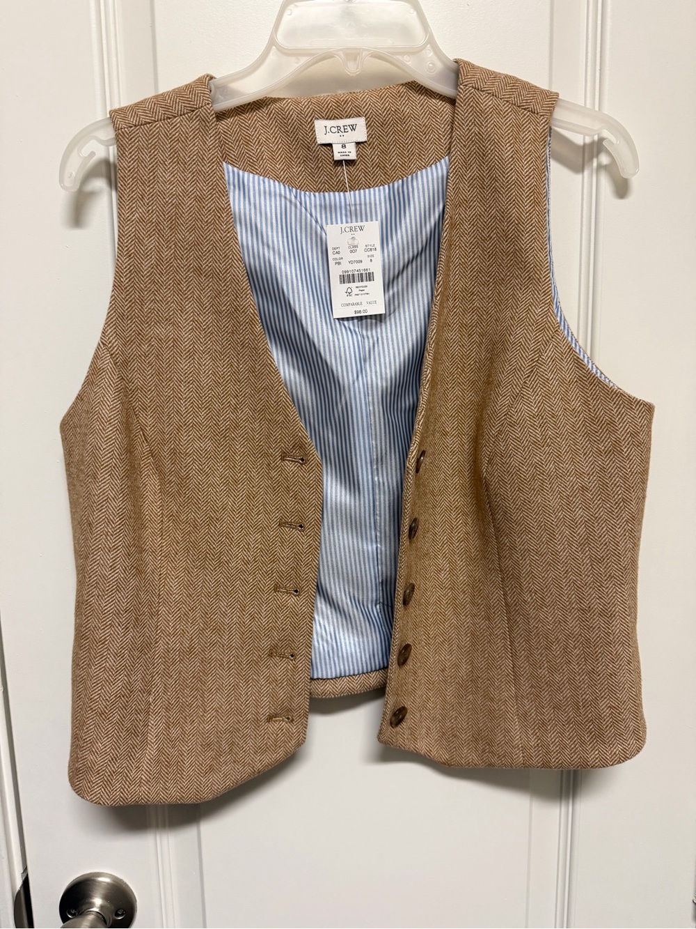 J. Crew Tan Herringbone Wool Vest with Blue Stripe Lining